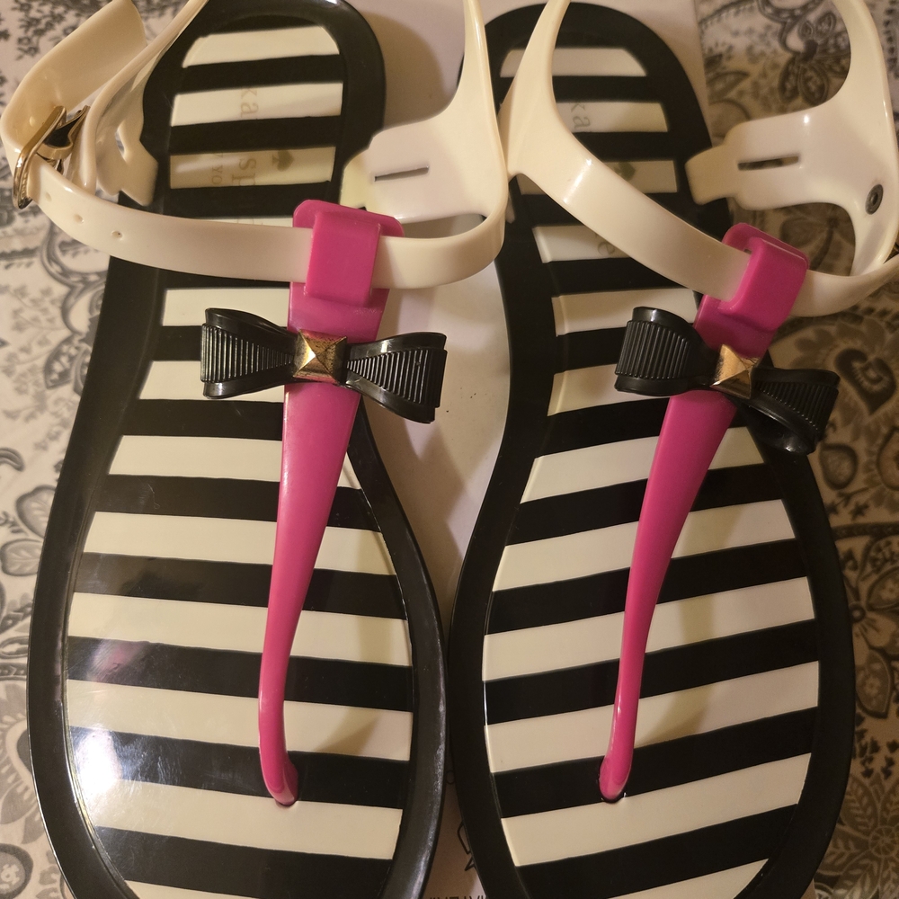 Kate Spade Striped Sandals with Pink and Black Bow Size 8